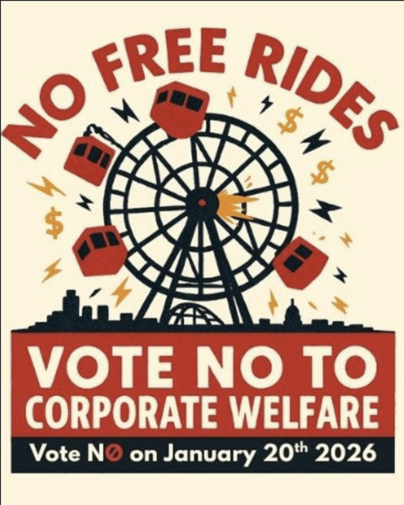 No Free Rides poster, retrieved from NoFreeRides.org 2025.11.13.