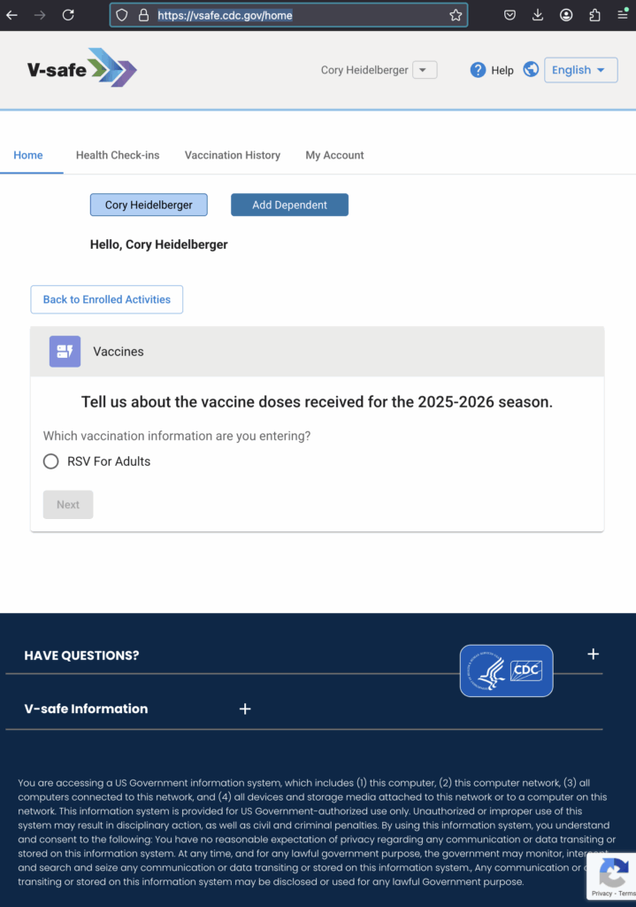 V-safe CDC, screen cap of "Enroll" page for entering new vaccine information, 2025.12.15.