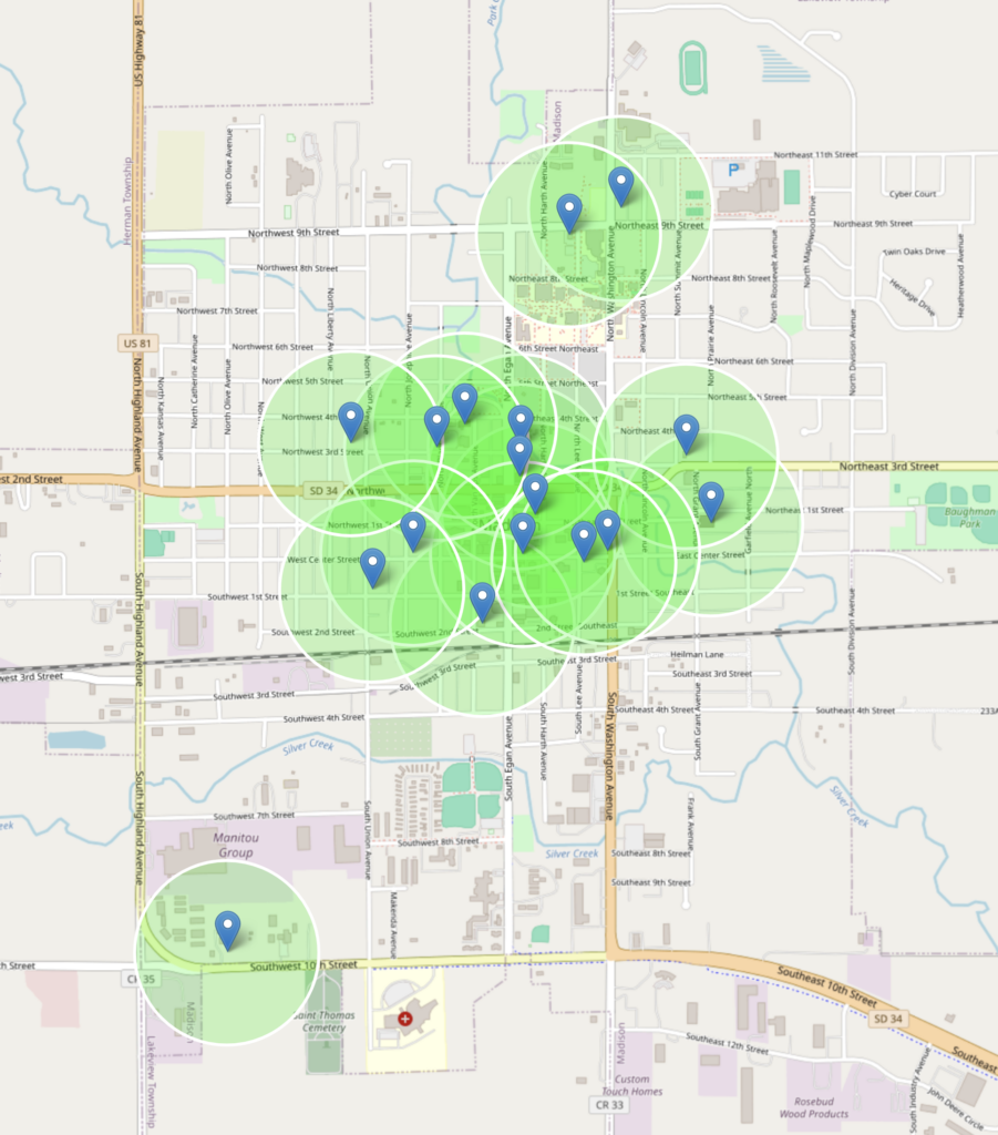 Map of 1000-foot-radius zones where HB 1124 would exclude political speech with which church members might disagree in Madison, South Dakota. Created on FreeMapTools.com, 2026.01.26.