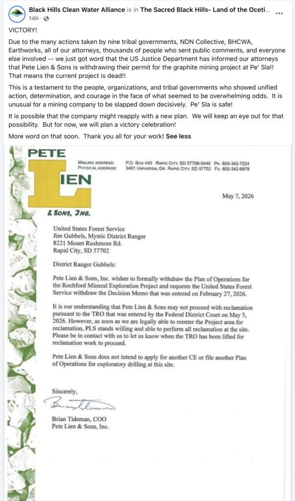 Black Hills Clean Water Alliance, FB post, 2026.05.08.