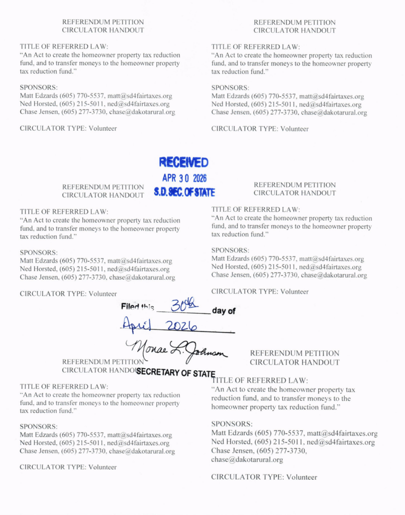 South Dakotans for Fair Taxes, volunteer circulator handout, 2026 SB 245 referendum petition, approved by Secretary of State Monae Johnson 2026.04.30.
