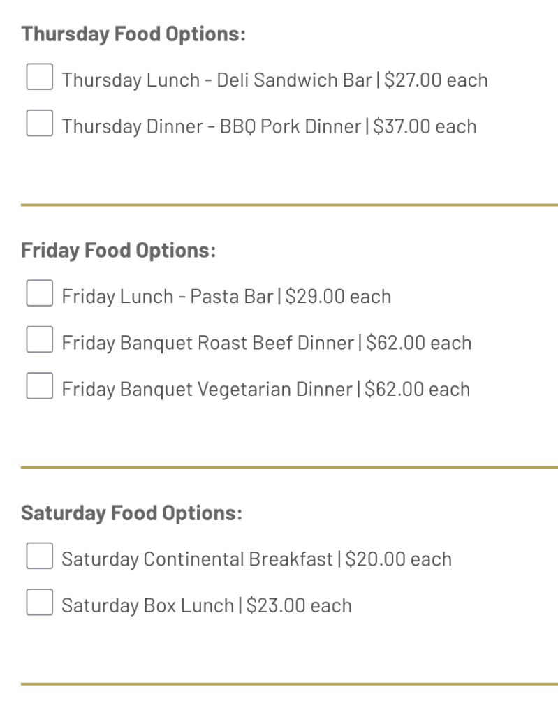 Food options, 2026 convention registration, South Dakota Republican Party, screen cap 2026.05.17.