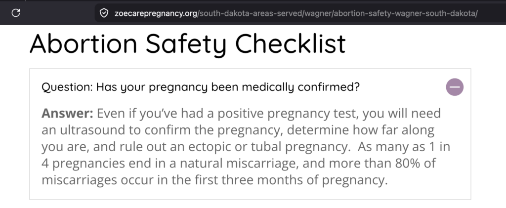 Zoecare, "Abortion Safety," screen cap 2026.06.24.