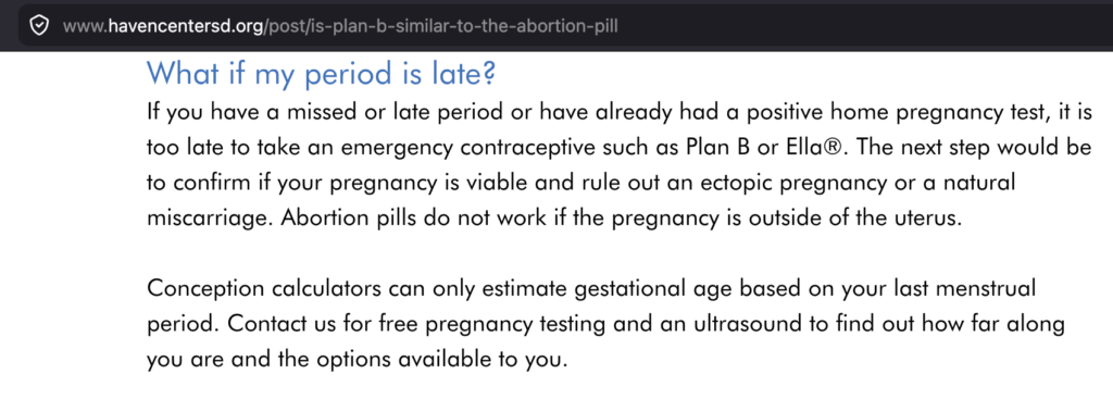 Haven Center, "Is Plan B Similar to the Abortion Pill?" screen cap 2026.06.24.