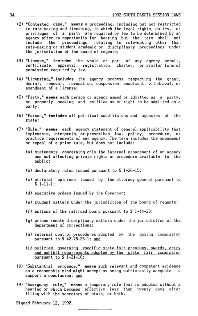 1992 House Bill 1059, Section 3, signed February 12, 1992, from 1992 Session Laws of the State of South Dakota, Chapter 8, p. 34.