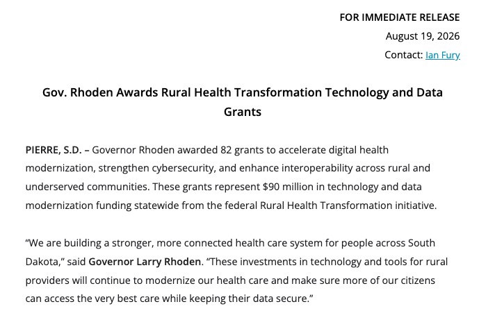 Screencap, Office of Gov. Larry Rhoden, press release, 2026.08.19.
