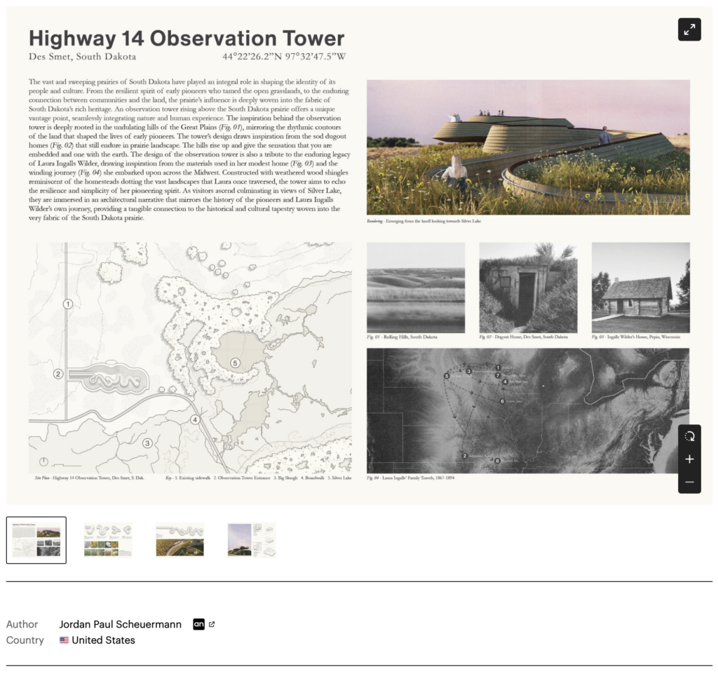 Jordan Paul Scheuermann, "Highway 14 Observation Tower," First Place entry, Buildner's "The Legendary Highway 14 Tower" international architecture competition, retrieved 2026.09.17.