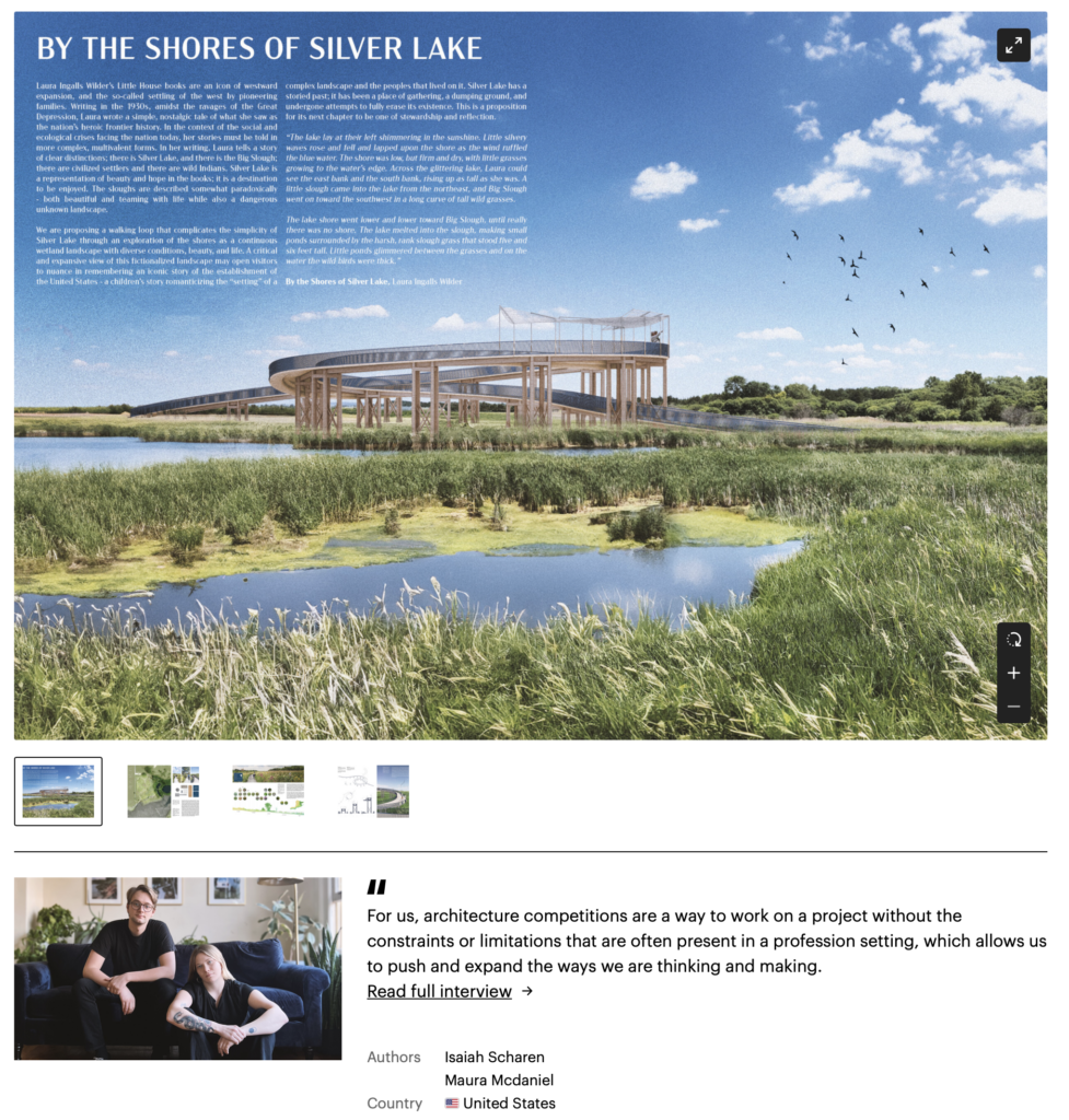 Isaiah Scharen and Maura McDaniel, "By the Shores of Silver Lake," winner of Honorable Mention in Buildner's "The Legendary Highway 14 Tower" international architecture competition, retrieved 2026.09.17.
