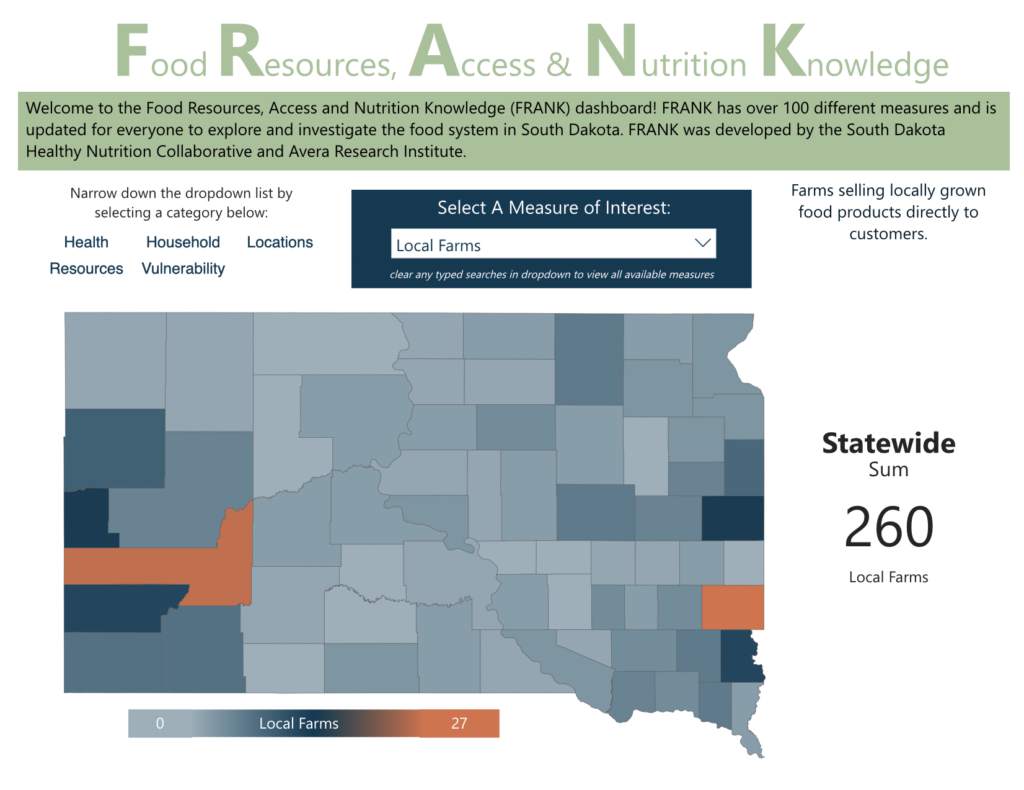 FRANK—Food Resources, Access, & Nutrition Knowledge: "Local Farms" mapped by county, South Dakota Department of Health, retrieved 2026.09.21. [Click to access interactive original, which shows numbers by county!]