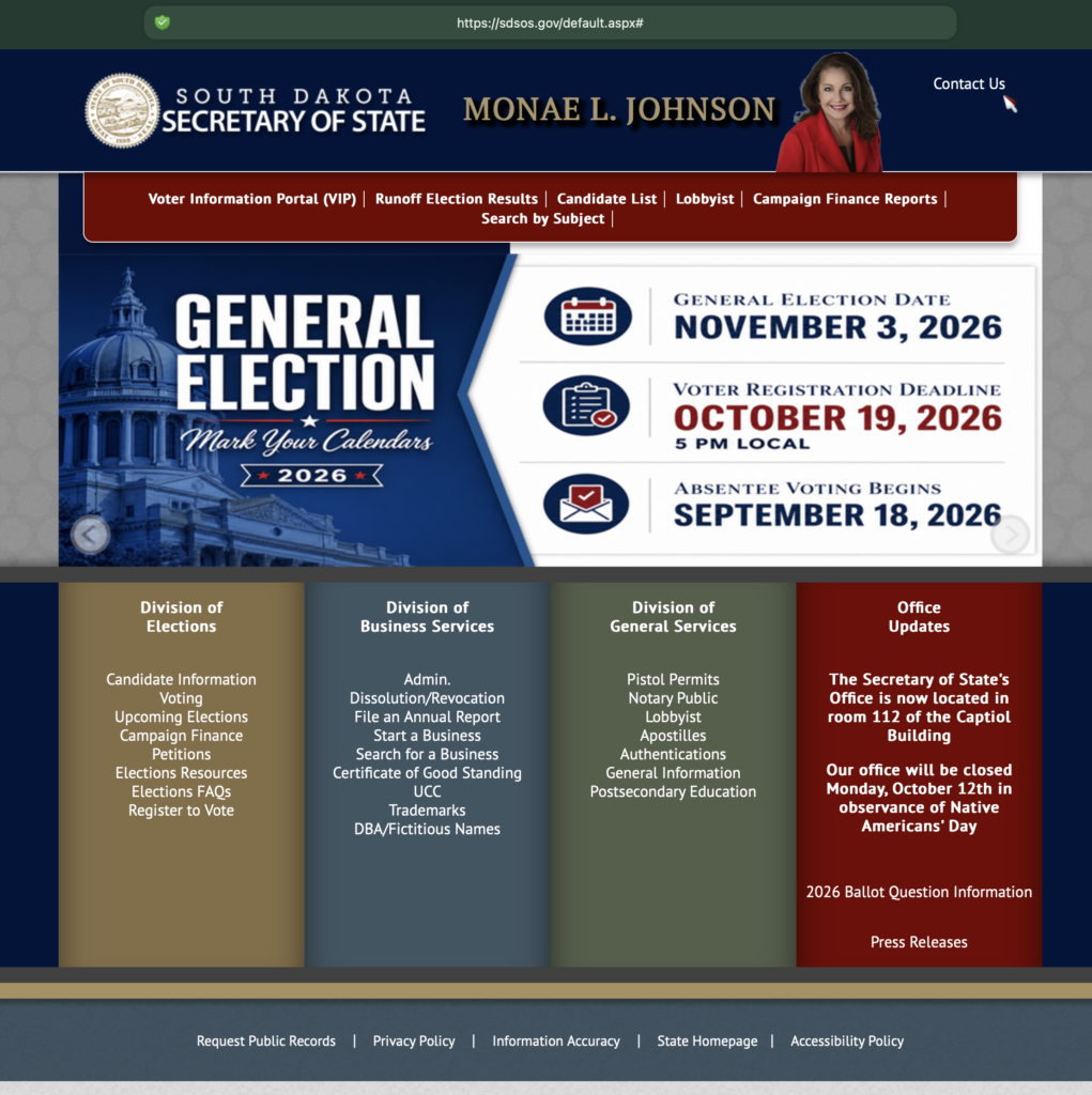 South Dakota Secretary of State, default home page, old design, retrieved from https://sdsos.gov/default.aspx#, 2026.09.26.