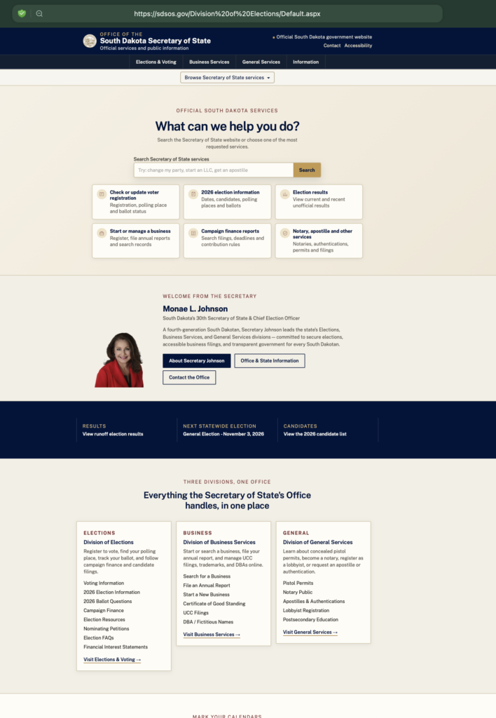 South Dakota Secretary of State, redesigned home page, zoomed out to show increased down-scroll content, retrieved from https://sdsos.gov/Division%20of%20Elections/Default.aspx, 2026.09.26.