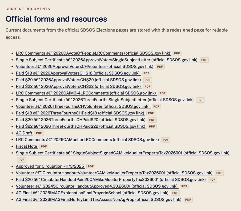 SD SOS, "2026 Ballot Questions: Official Forms and Resources," retrieved 2026.09.26.