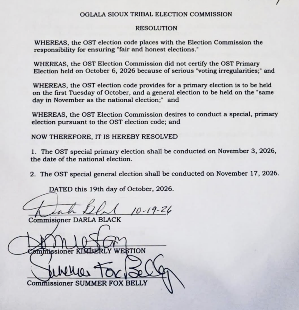Oglala Sioux Tribe, resolution posted to FB, 2026.10.19.