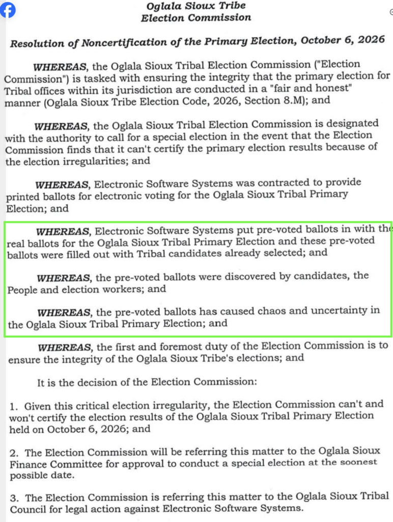 Annotated by CAH/DFP; Oglala Sioux Tribe, draft resolution from OST Election Commission, presented at OST Finance Committee Meeting, 2026.10.08.